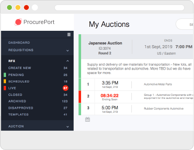 Web screen with close up of procureport's side menu in My Auctions dashboard