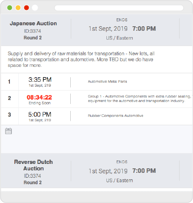 Web screen of ProcurePort's Purchase Order Requisition software auction dashboard