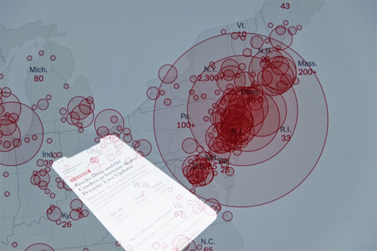 Double exposure of US Coronavirus COVID-19 cases with stock market headline (March 18, 2020)