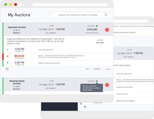 One web screen with My Auctions dashboard overlaying another web screen with an open auction page