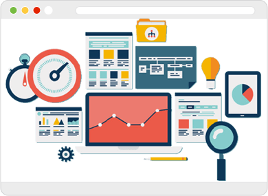 Web screen with icons of stop watch, papers with graphs, magnifying glass and computer with chart on it