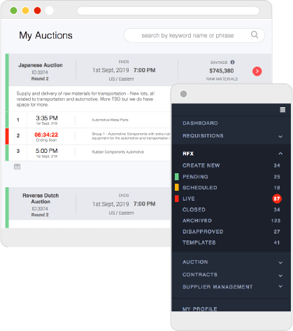 web screen of procureport my auction dashboard with mobile version screen overlaid
