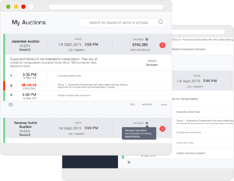 One web screen with My Auctions dashboard overlaying another web screen with an open auction page