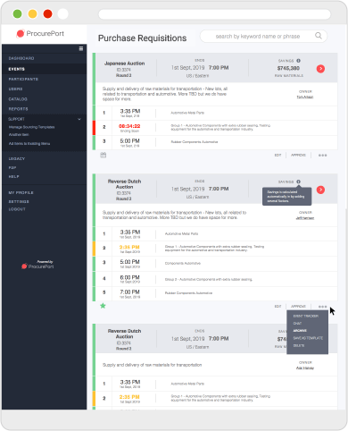 Web screen of procureport's procure to pay dashboard with auctions listed