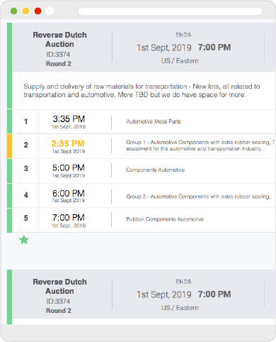 Web screen of procureport's reverse auction dashboard with Reverse Auction lot information example