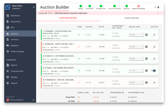 Web Screen with Reverse Dutch Auction dashboard